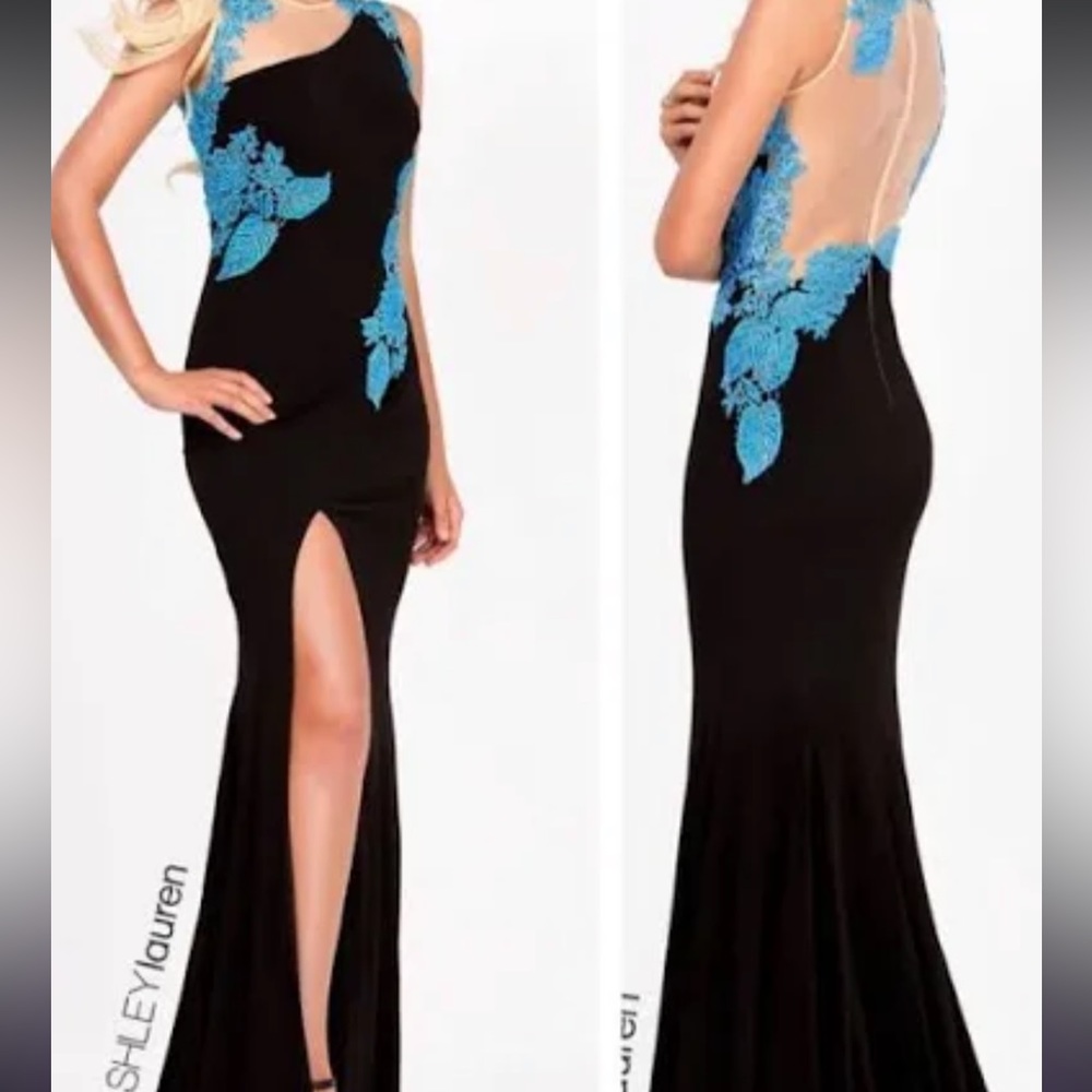 Gorgeous Ashley Lauren Black Gown with Blue Floral detail - Size 6